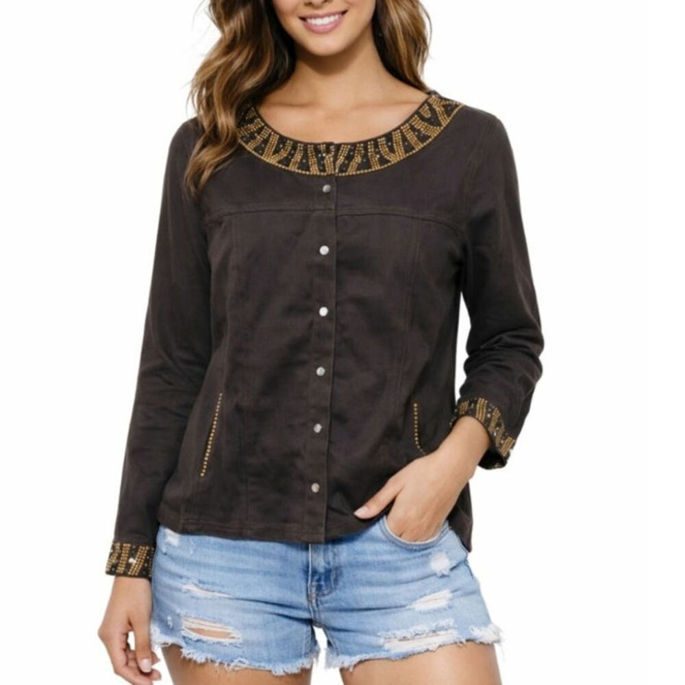 The Quacker Factory Brown Denim Jacket Size XL Animal Print Embellished Pockets